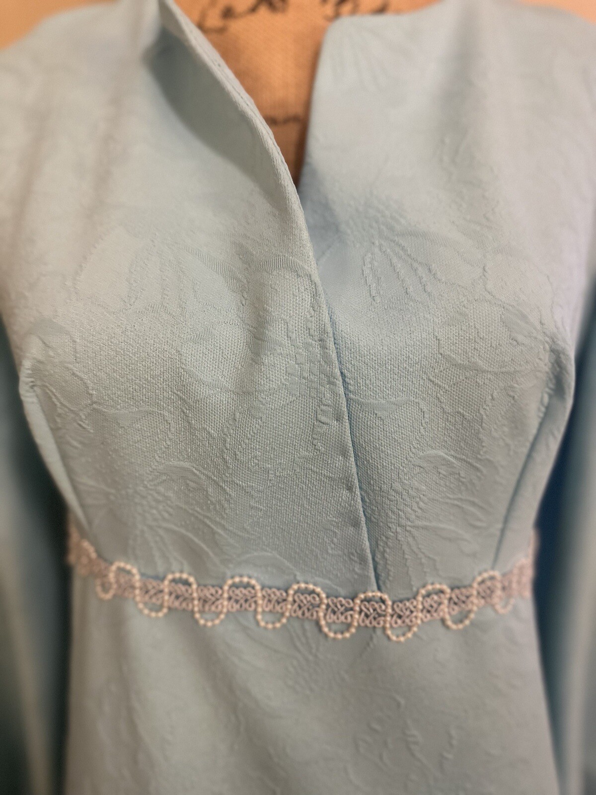 Vintage Handmade Baby Blue Silver Pearl Floral Kaftan Bell Kimono 1960’s Gown