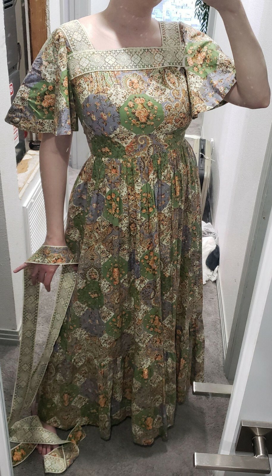 VINTAGE Handmade Maxi Boho Square Neck Gypsy 1970’s Tiered Cottagecore Dress