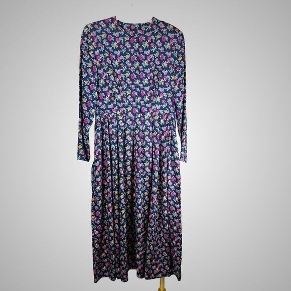 Laura Ashley Vintage Navy Floral Long Sleeve Midi Dress Sz 12