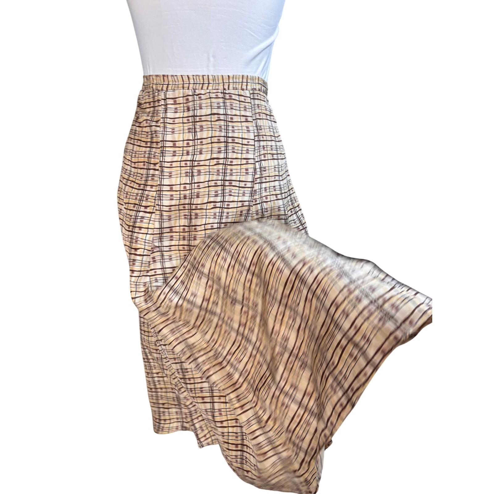 Plaid A-Line Melrose Studio Petites Button Side Tan Brown Midi Skirt Vintage