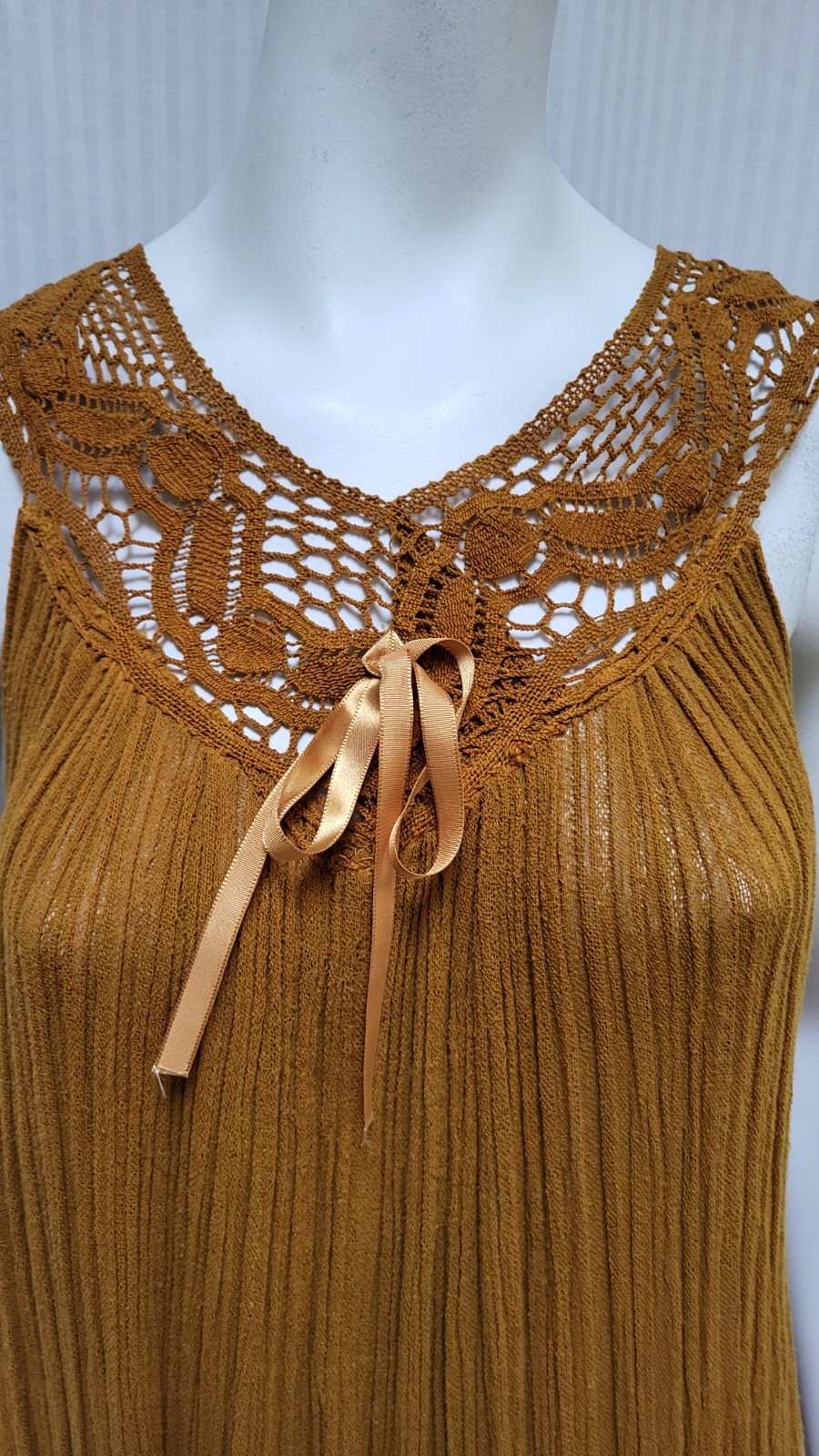 Vintage Gold Cotton Gauze Dress with Crochet & Satin Ribbon Trim – Size M/L -EUC