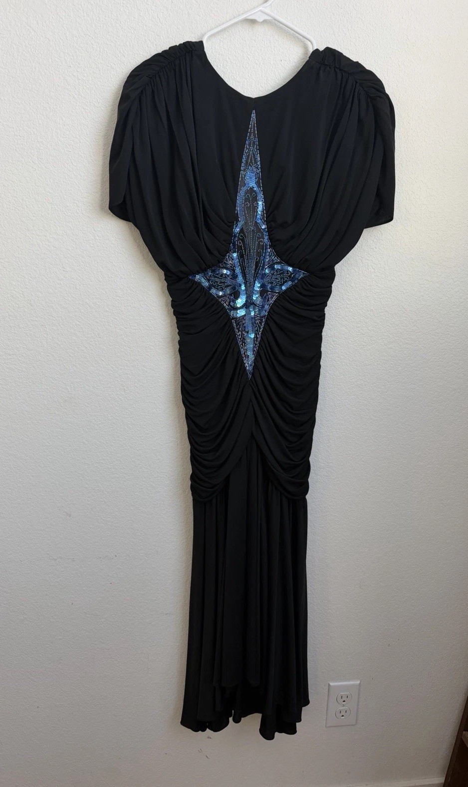 VTG 80s Casadei Black Beaded Dress Small Draped Ruched Lace Evening Dynasty Era