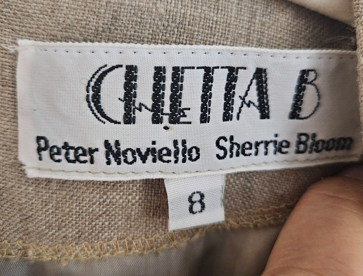 Vintage 80’s Chetta B Neutral Linen Dress w/Gold Metallic Embroidery, Sz.8, USA