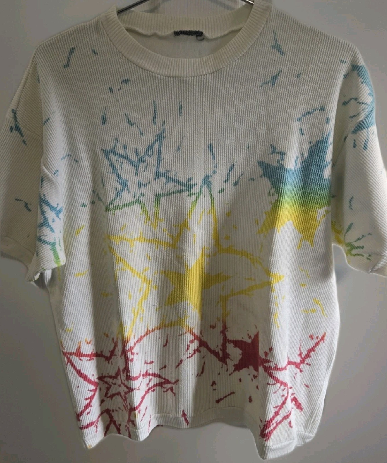 Vintage 80s 90s Starburst Knit Ribbed Top L XL Neon Rainbow Art Top Shirt Star