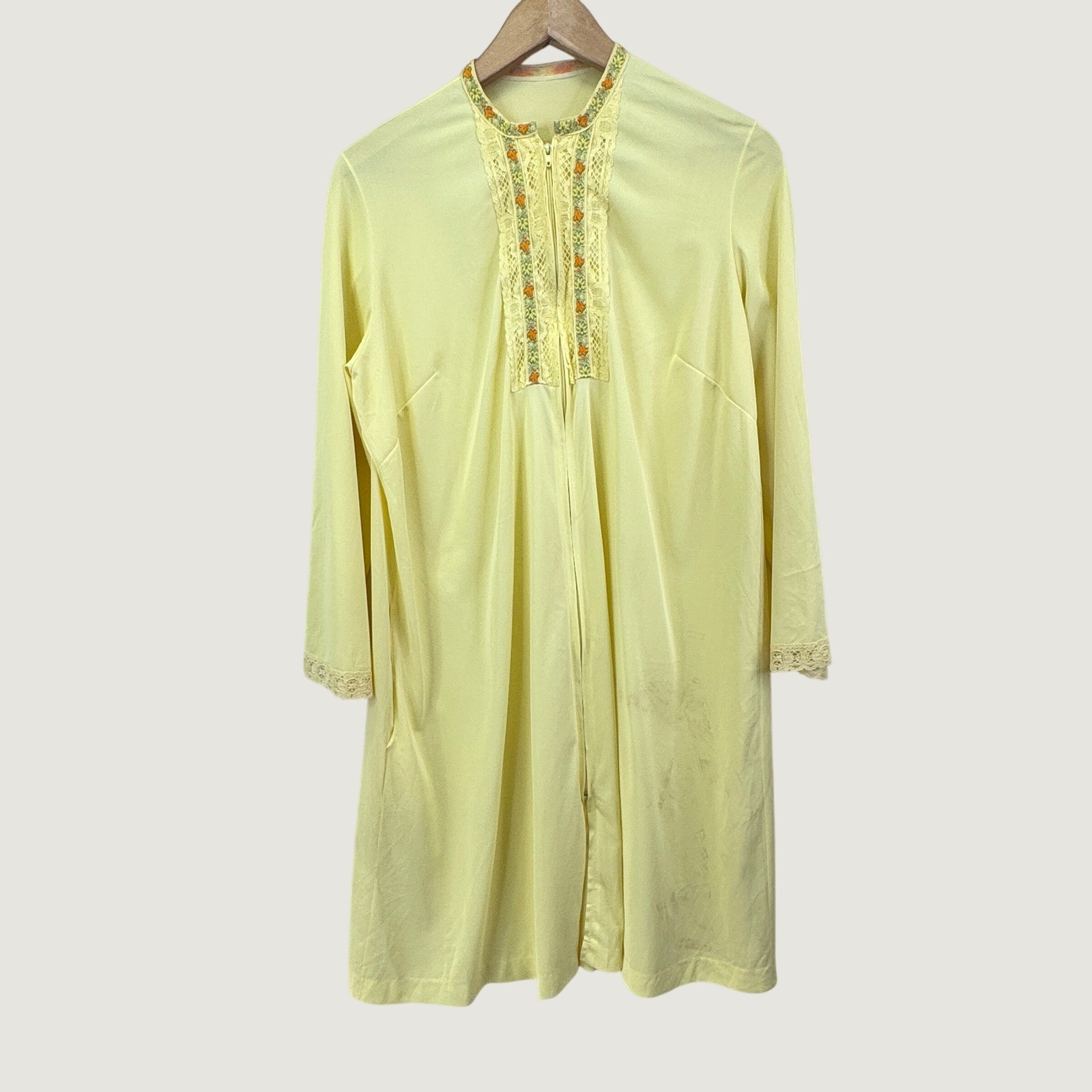 Gossard Artemis Zip Front Robe Large Yellow Vintage Lace Trim Loungewear *Stains