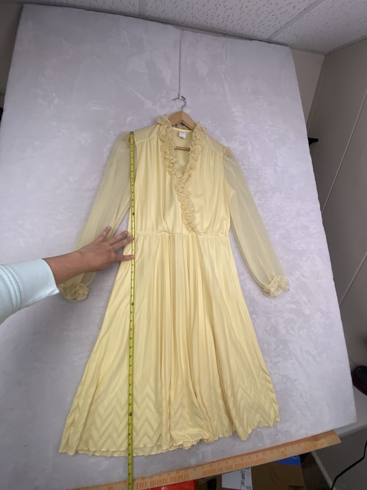 True Vintage 70s Yellow Chiffon Pleated Dress Ruffle Trim Sheer Sleeves USA Made
