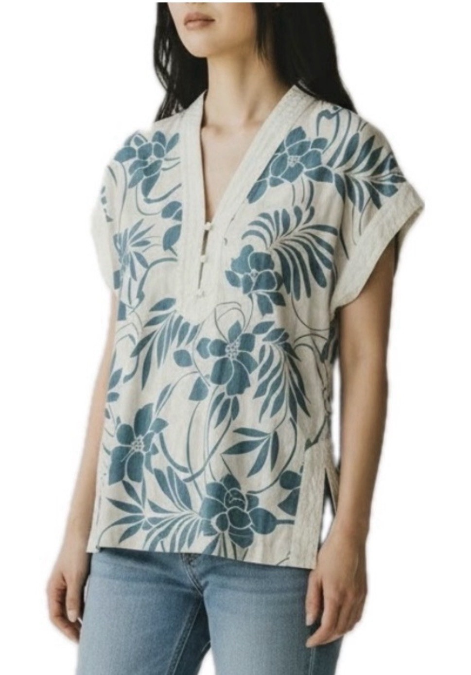 VTG I.Magnin Hawaiian Print Kimono Style tunic. Women’s Size S. Teal Floral.