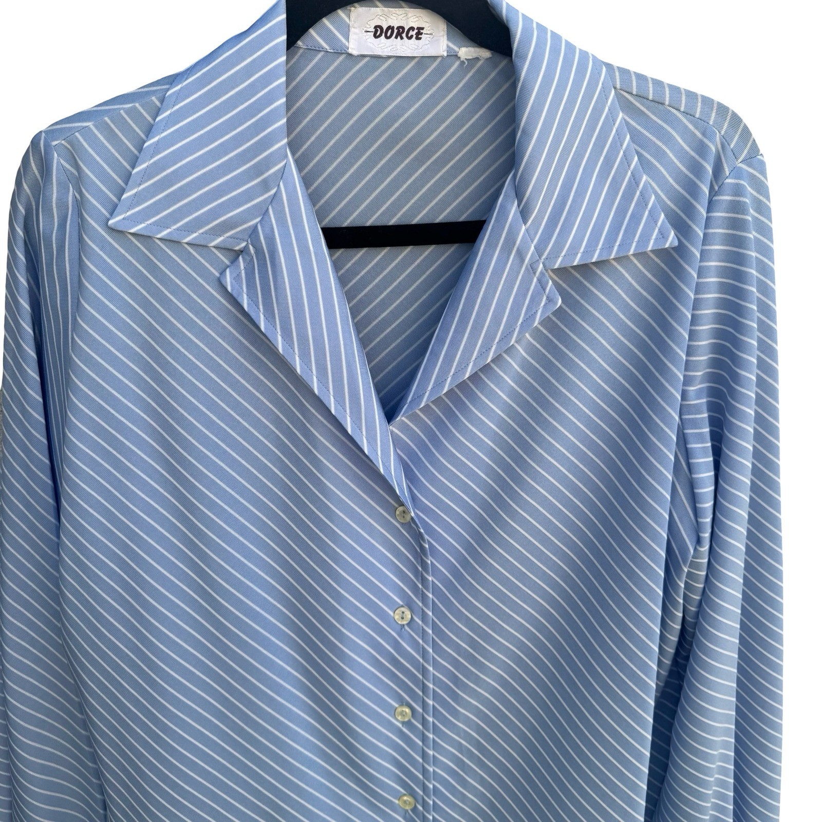 Dorce Vintage 70s Blue White Diagonal Stripe Long Sleeve Button Down Blouse Top