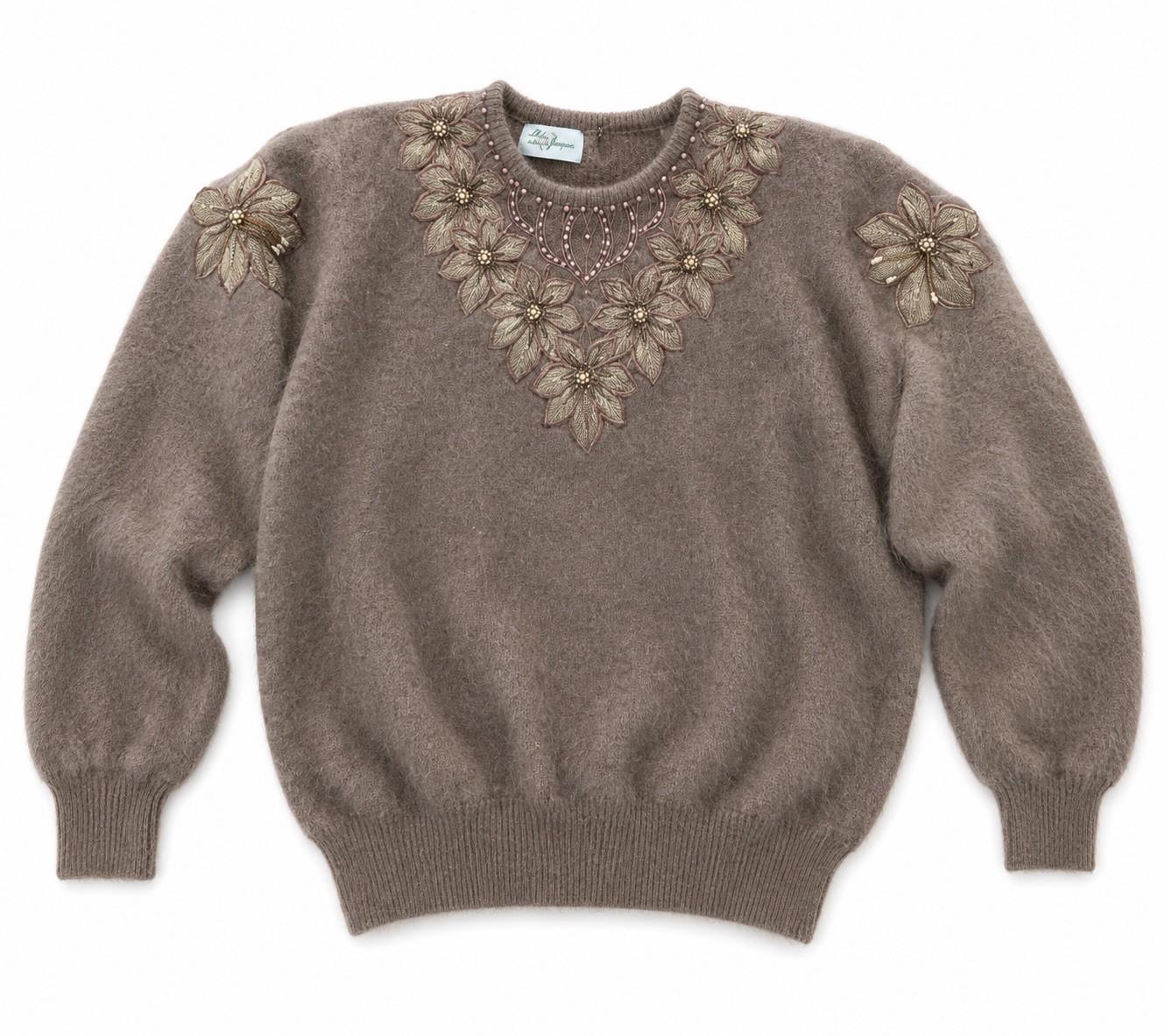 Women’s Vintage 1980’s 1990’s Fuzzy Angora Beaded Bib Neck Batwing Sweater