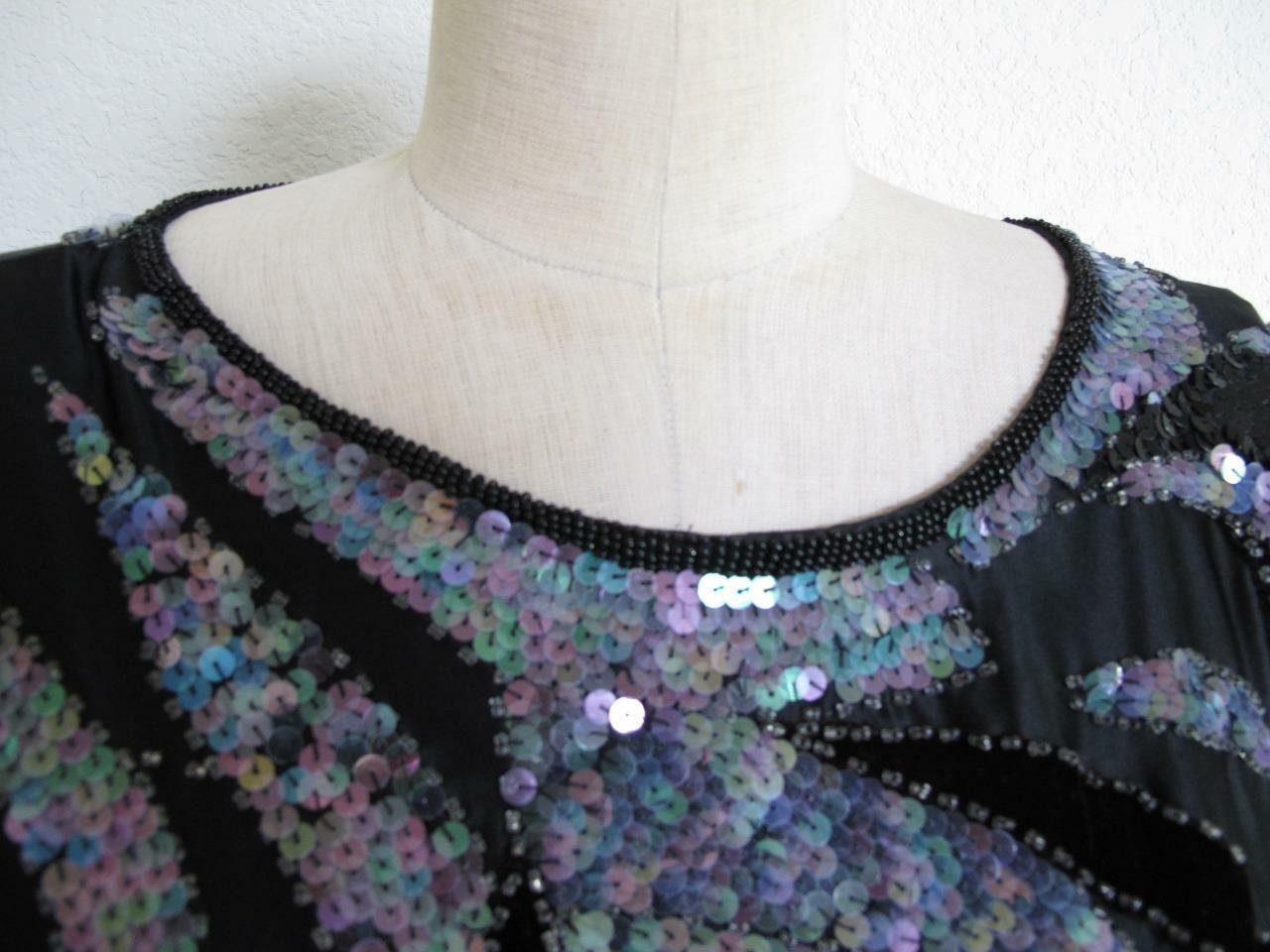 Vintage Silk Beaded Sequin Batwing Top M 80s Blouson Black Velvet Three Flaggs