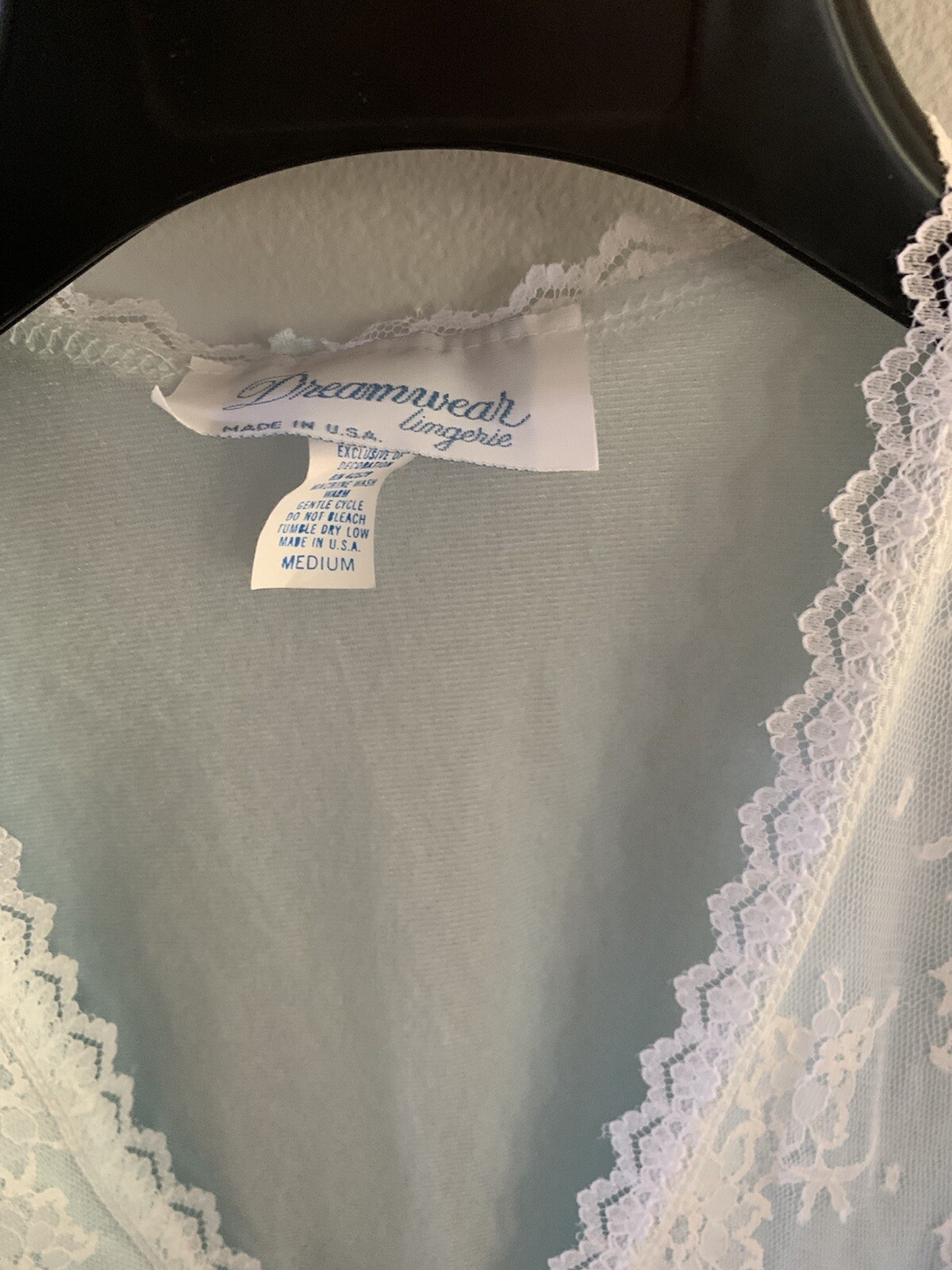 Vintage Nightgown Dreamwear Satin Blue with Lace Long Sleeve Medium NWT