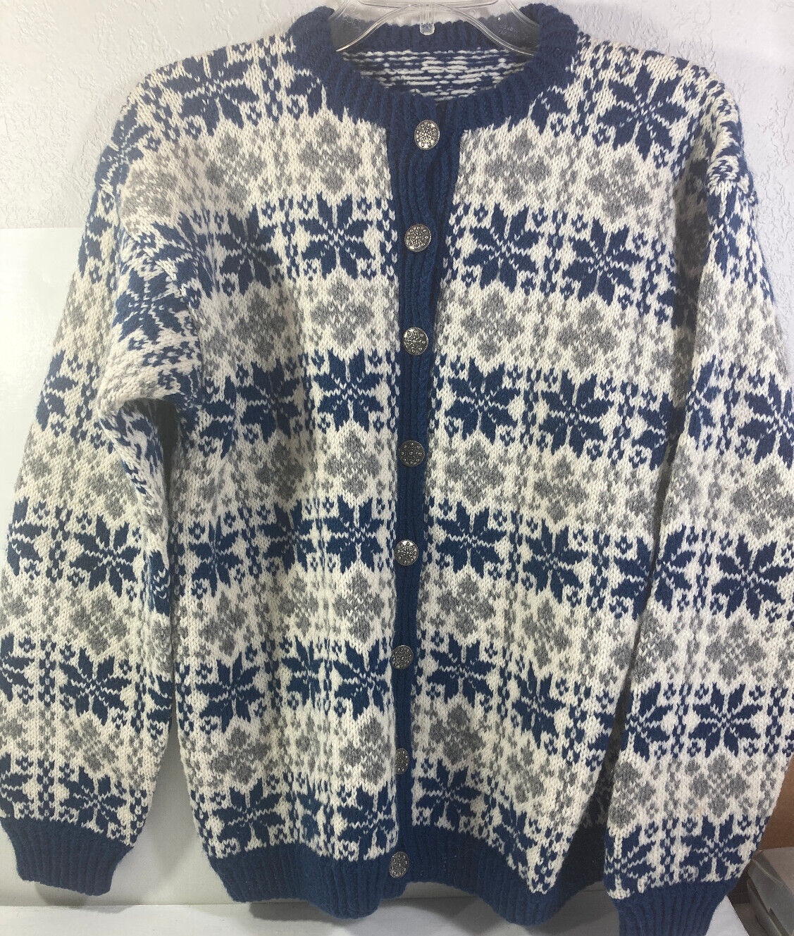 Wool Cardigan Sweater Icelandic Size S/M Blue Vintage Warm Winter Ski Wear
