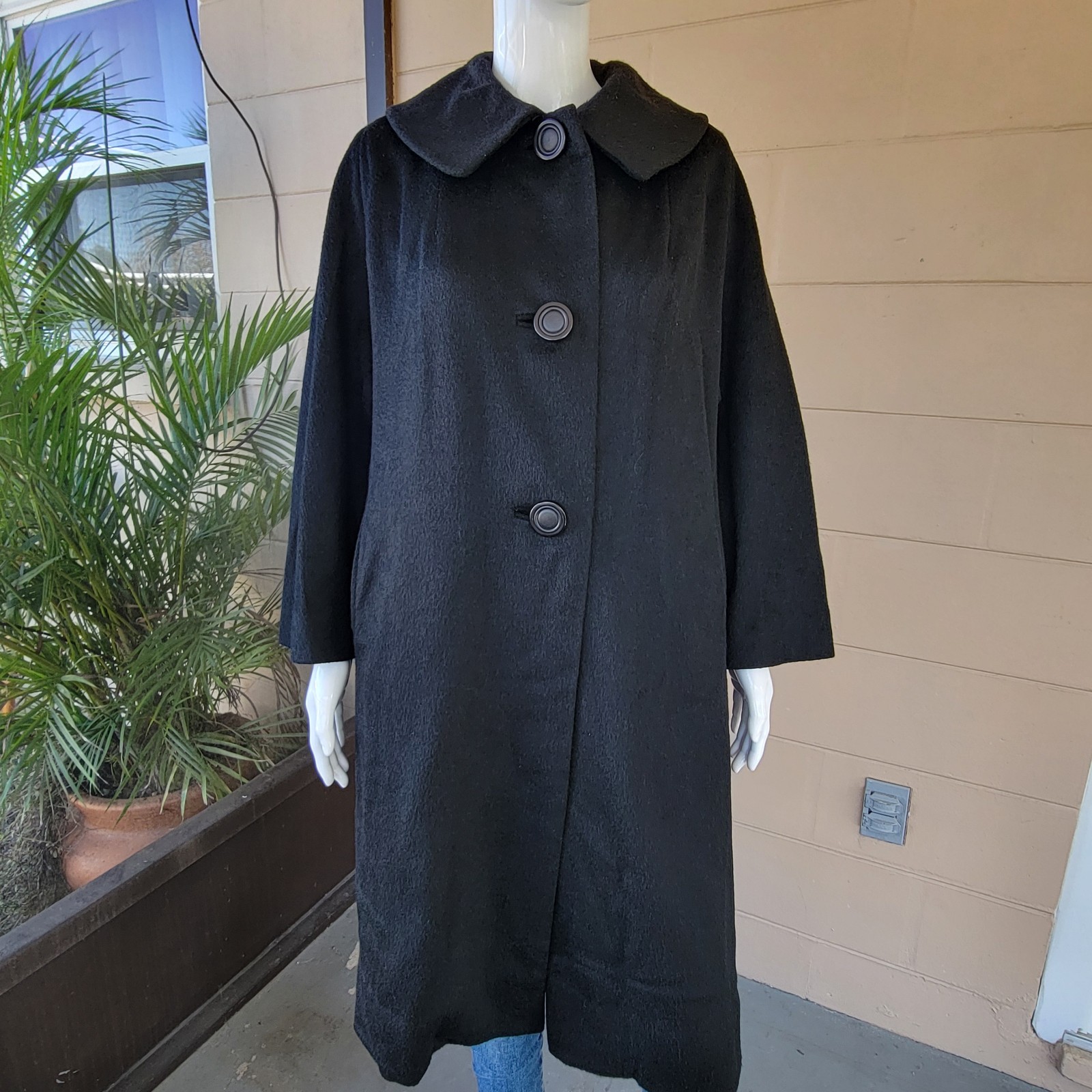 Vintage 50s-60s Black Wool Blend Coat Long Women’s Size L