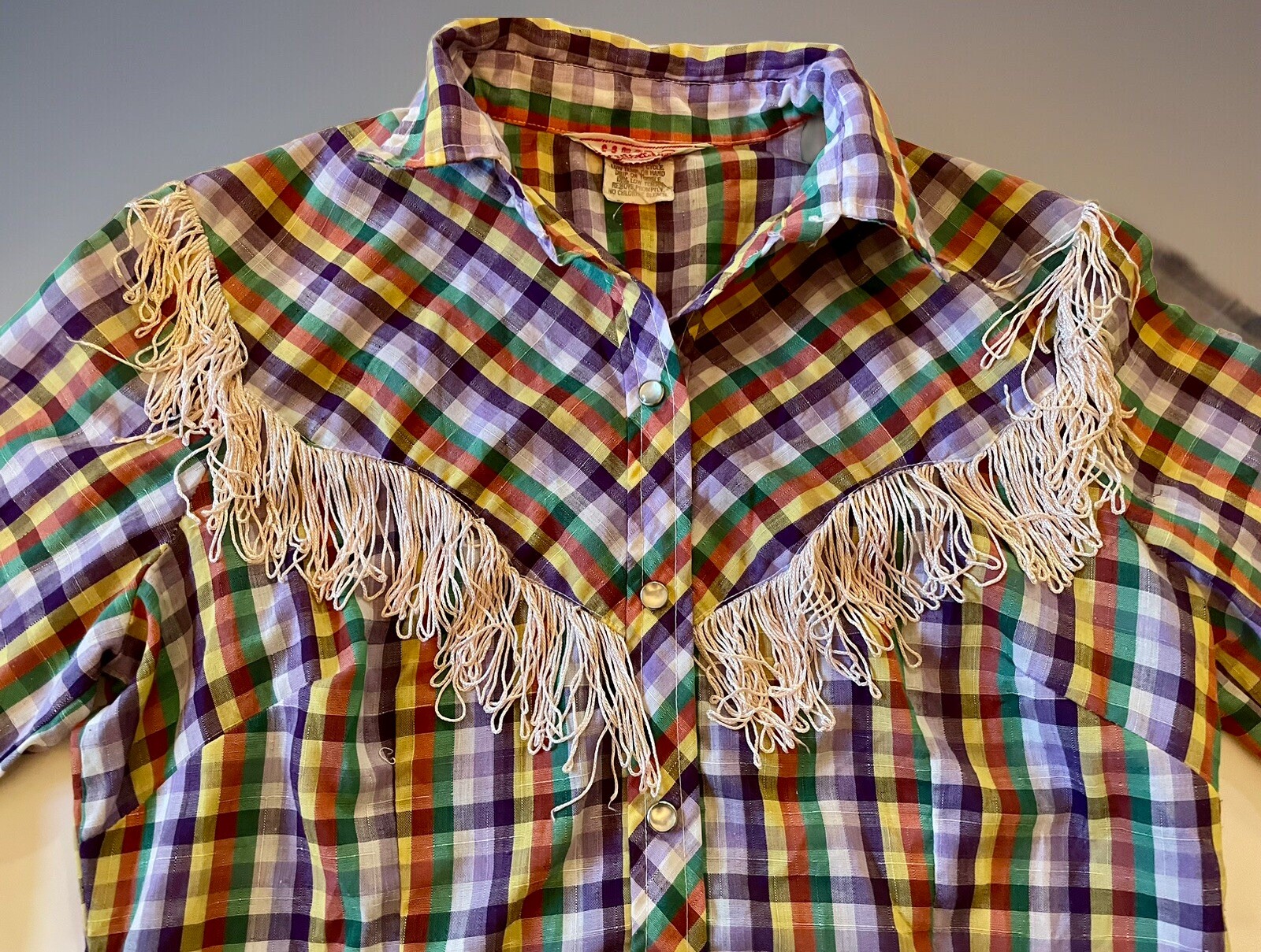 Vintage 70s H BAR C California RANCHWEAR Shirt Women 34 Plaid Fringe Pearl Snap