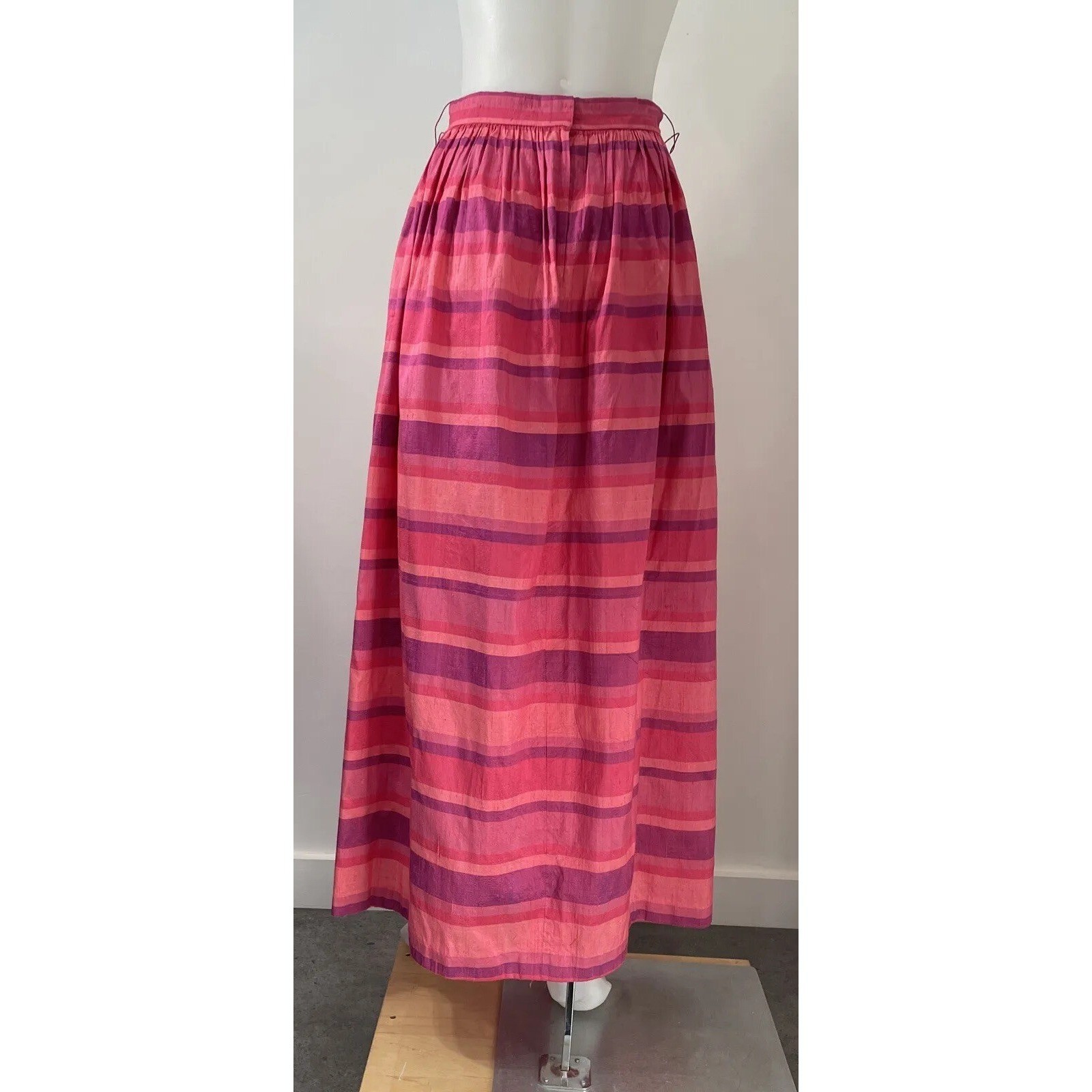 VTG 70s Victor Costa Silk Maxi Skirt Pink Multi Color No Belt Stripes Waist 28