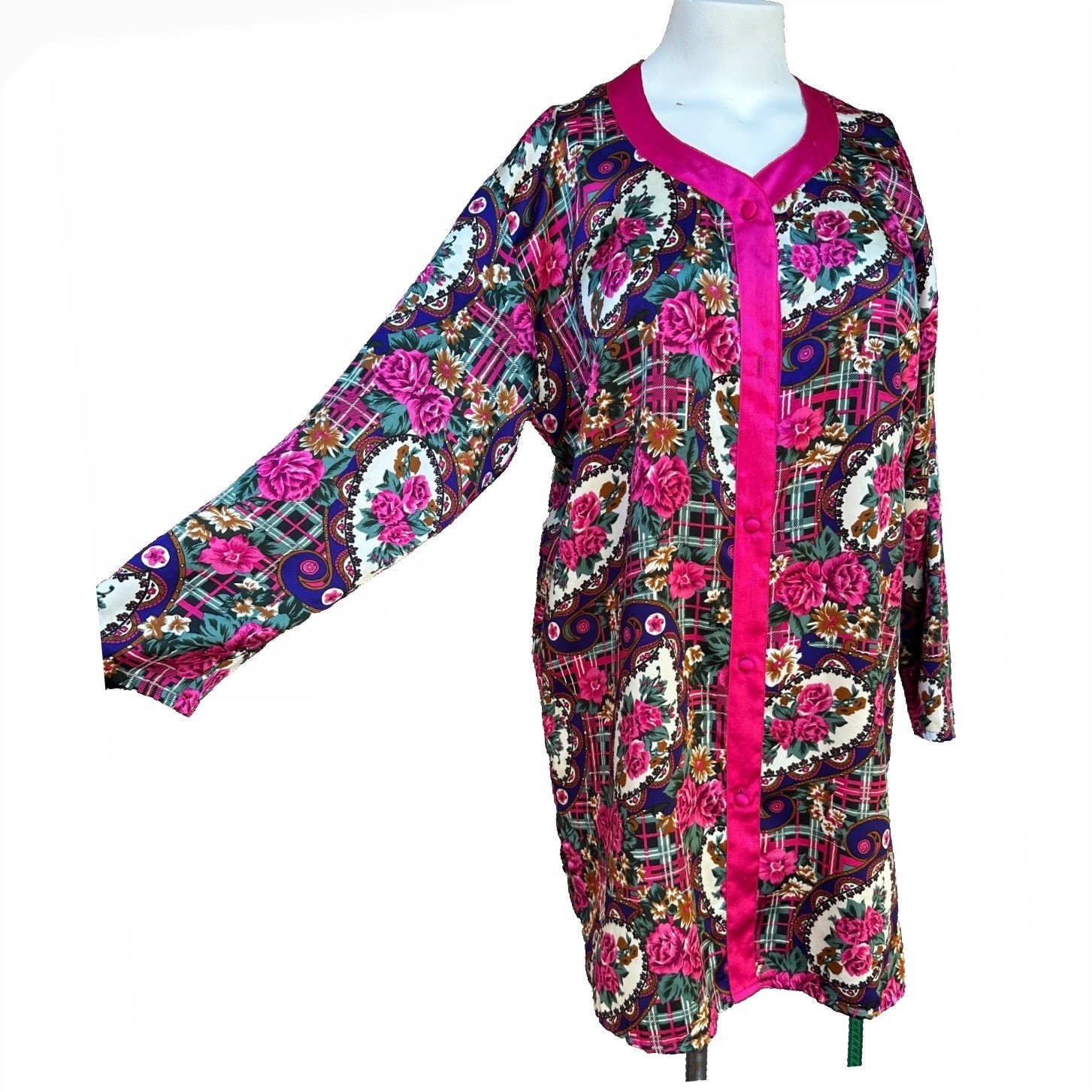 Vintage Dora C Night Shirt M Satin Floral Plaid Paisley Grandmacore Pink 80s
