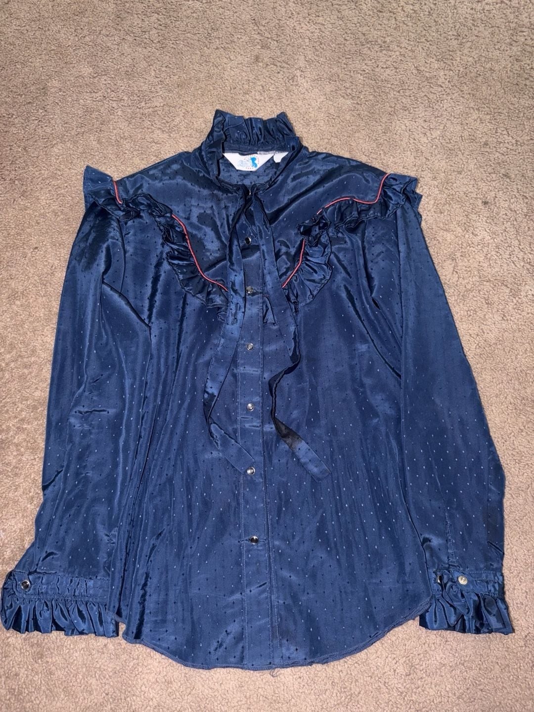 Vintage Miss Rodeo America Navy Blue Western Ruffle Snap-Button Blouse
