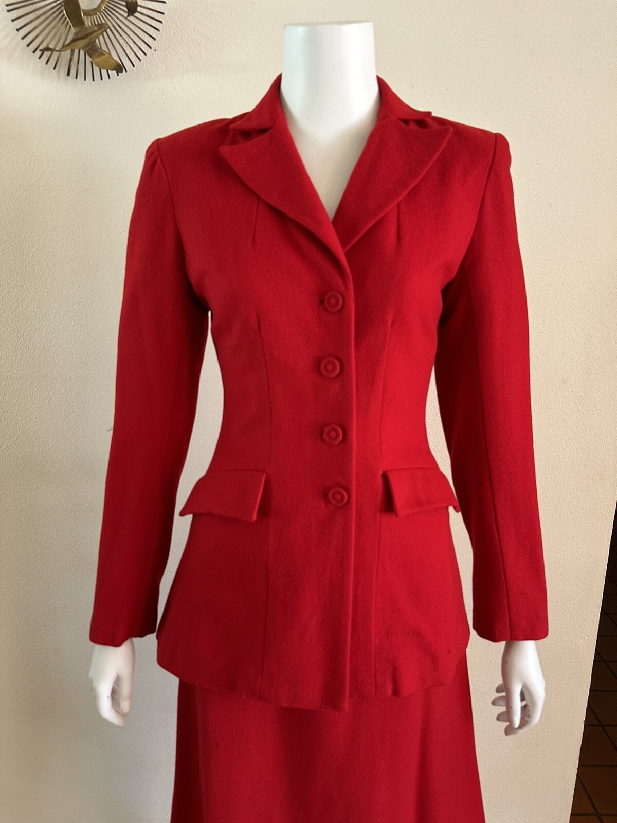 1940s 2 pc Wool Skirt Suit Set Nipped Waist Blazer Jacket Holiday Red WWII VTG