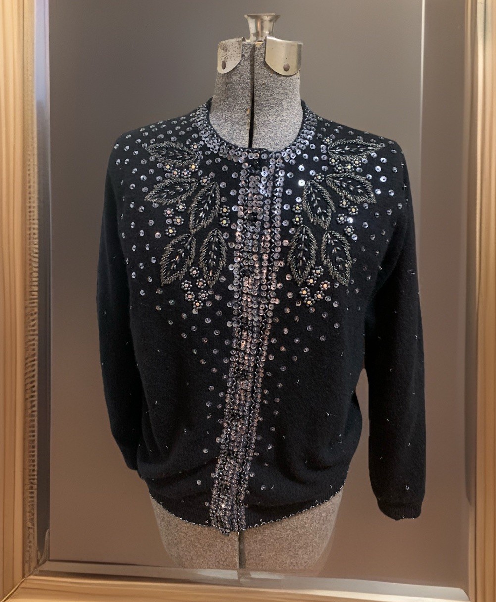 Vintage 60’s Black Beaded Sweater Silver Sequined Wool Blend Size 42 USA 10