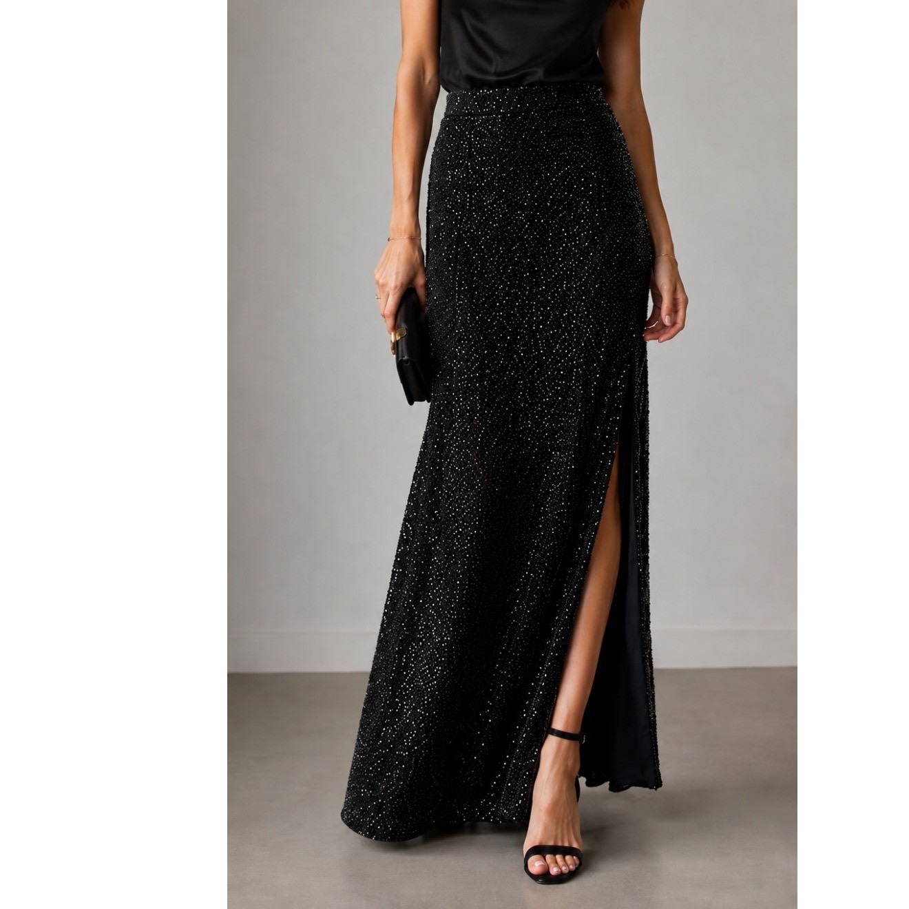 VTG Sean Collection Beaded Maxi Skirt Black Bugle Bead Side Slits Formal Sz XS
