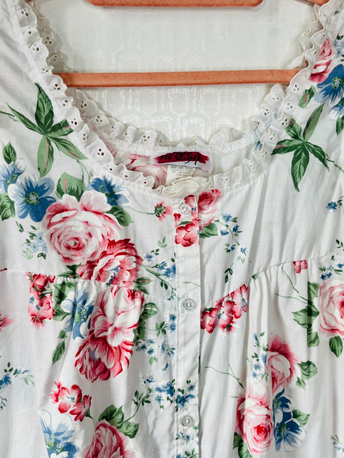 NOS VTG FRENCH COUNTRY COTTAGECORE PINK&WHITE ROMANTIC ROSE COTTON NIGHTGOWN*S/M