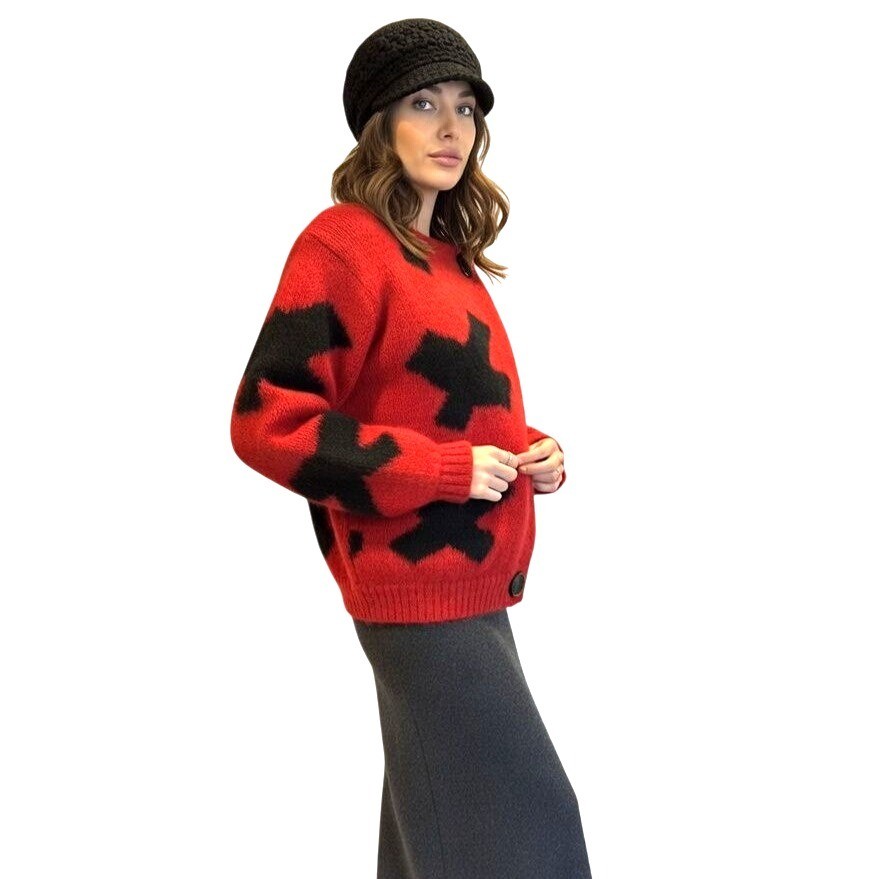 Vintage 80s Red Graphic Oversized Mohair Knit Jacket Statement Piece