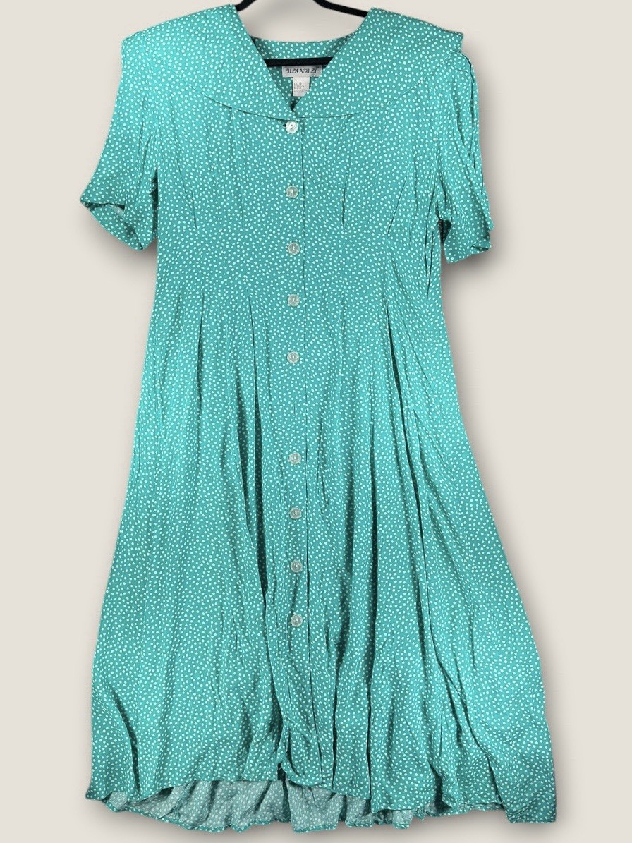 Vintage Ellen Ashley Polka Dot Dress Sz 14 Green White Rayon Button Up Midi