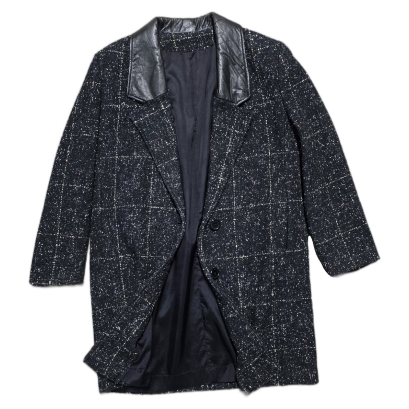 Vintage Coat 80s Long Oversized Black Tweed Blazer Jacket Leather Collar Sz 8
