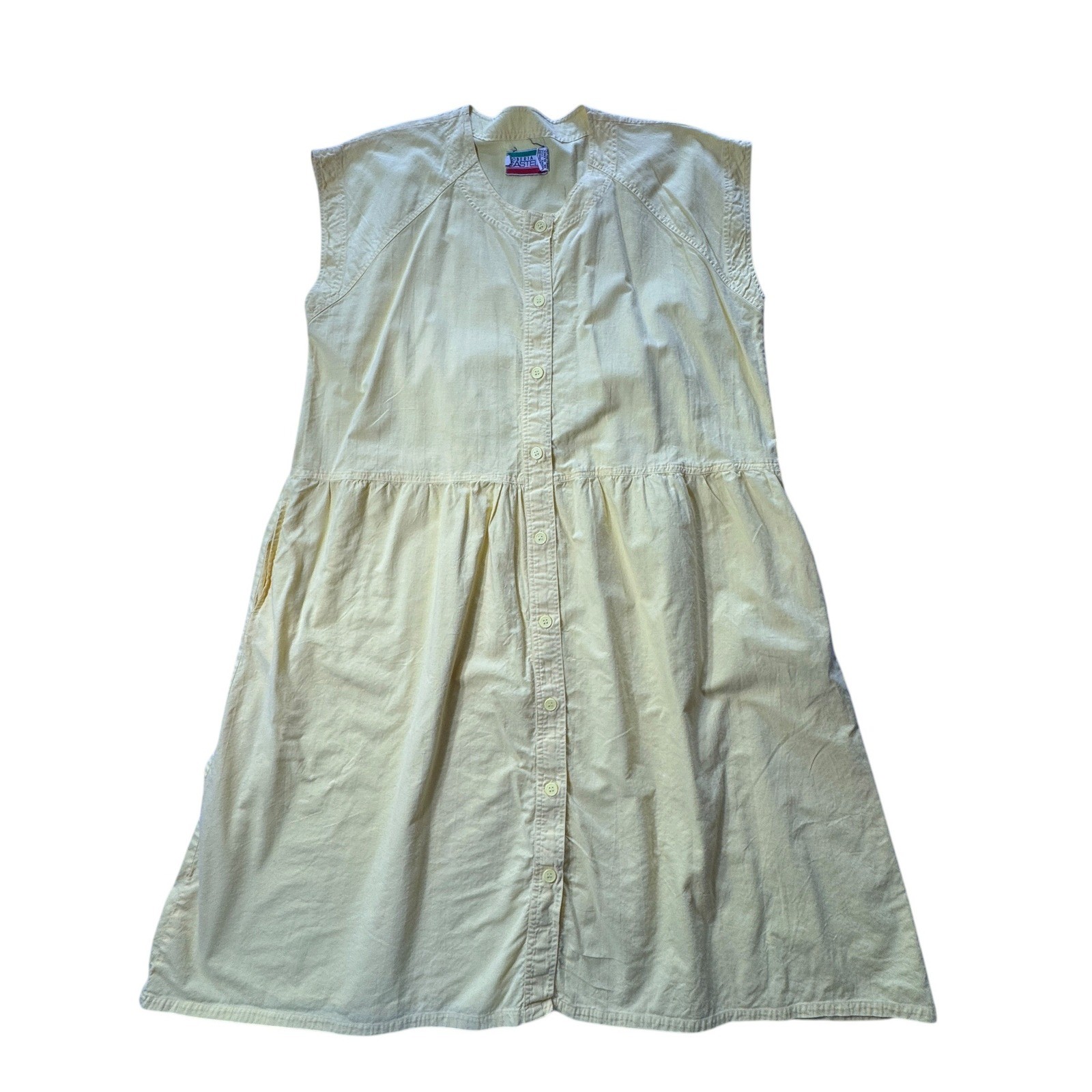 Vintage 80s Pastel Button Down Dress Womens Large Yellow Sleeveless Midi