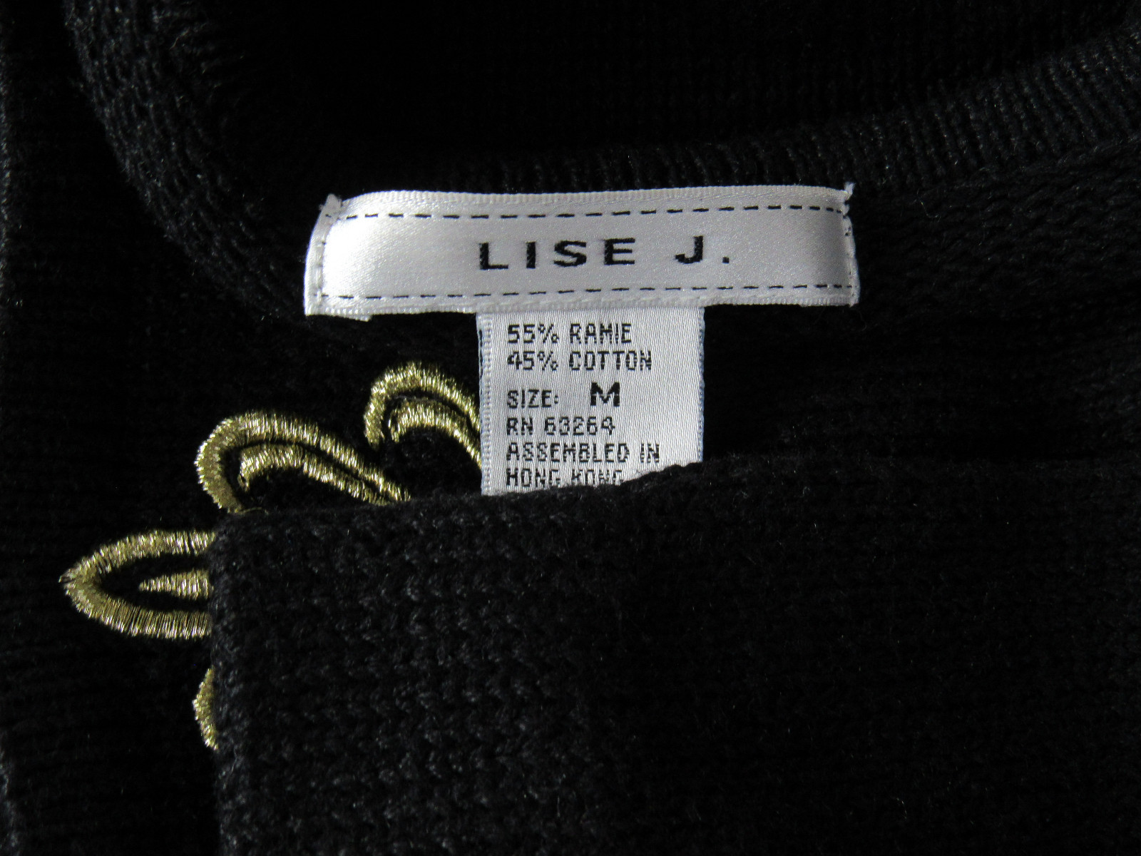 VTG 1980s LISE J. BLACK COTTON RAMIE MEDIUM GOLDEN EMBROIDERY GOLDEN BUTTONS