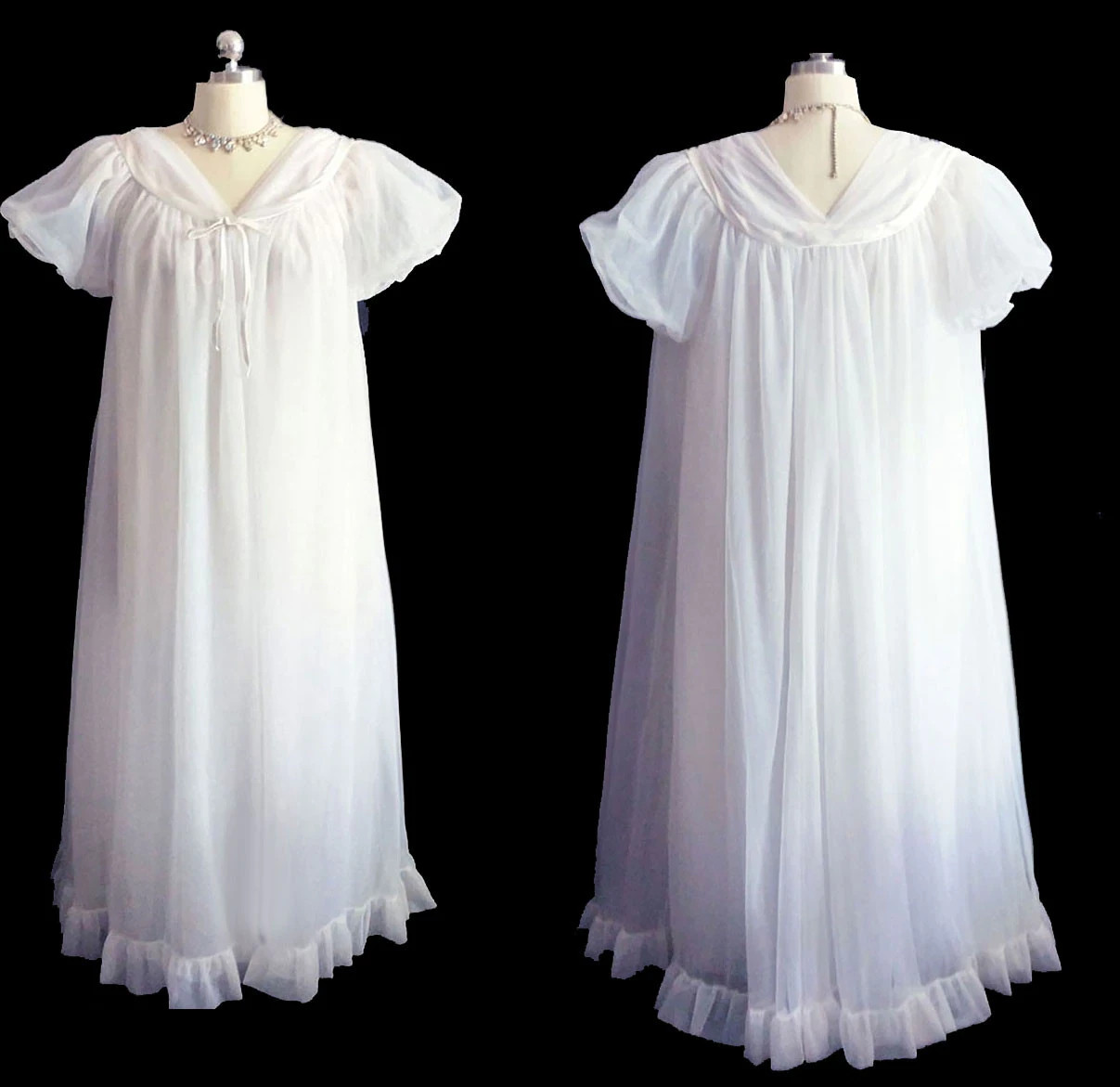 VINTAGE JENELLE OF CA BRIDAL WHITE NYLON PEIGNOIR NIGHTGOWN SET – RUFFLES SATIN