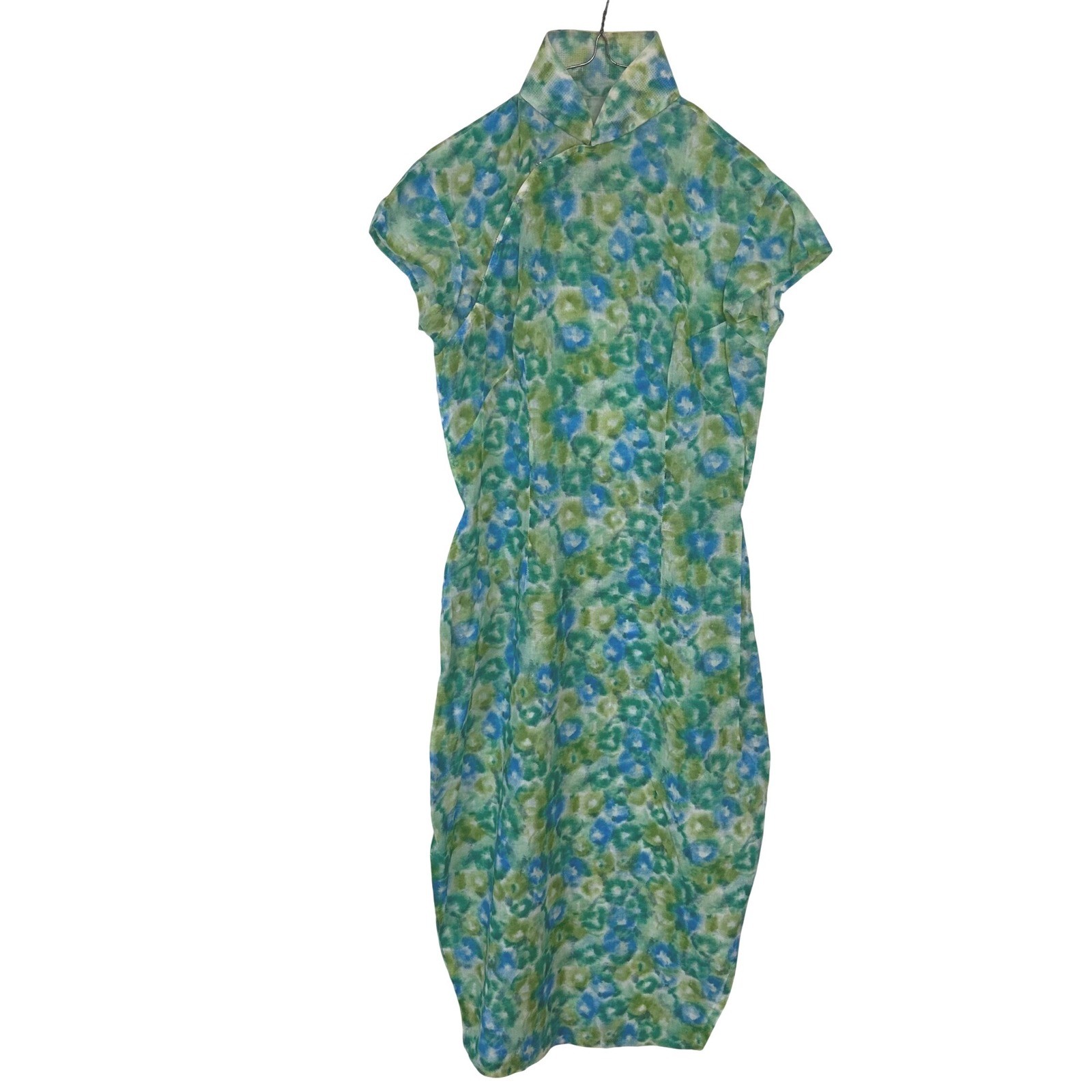 Women’s S Green Blue Abstract Floral Cheongsam Qipao Dress Mandarin Collar Asian