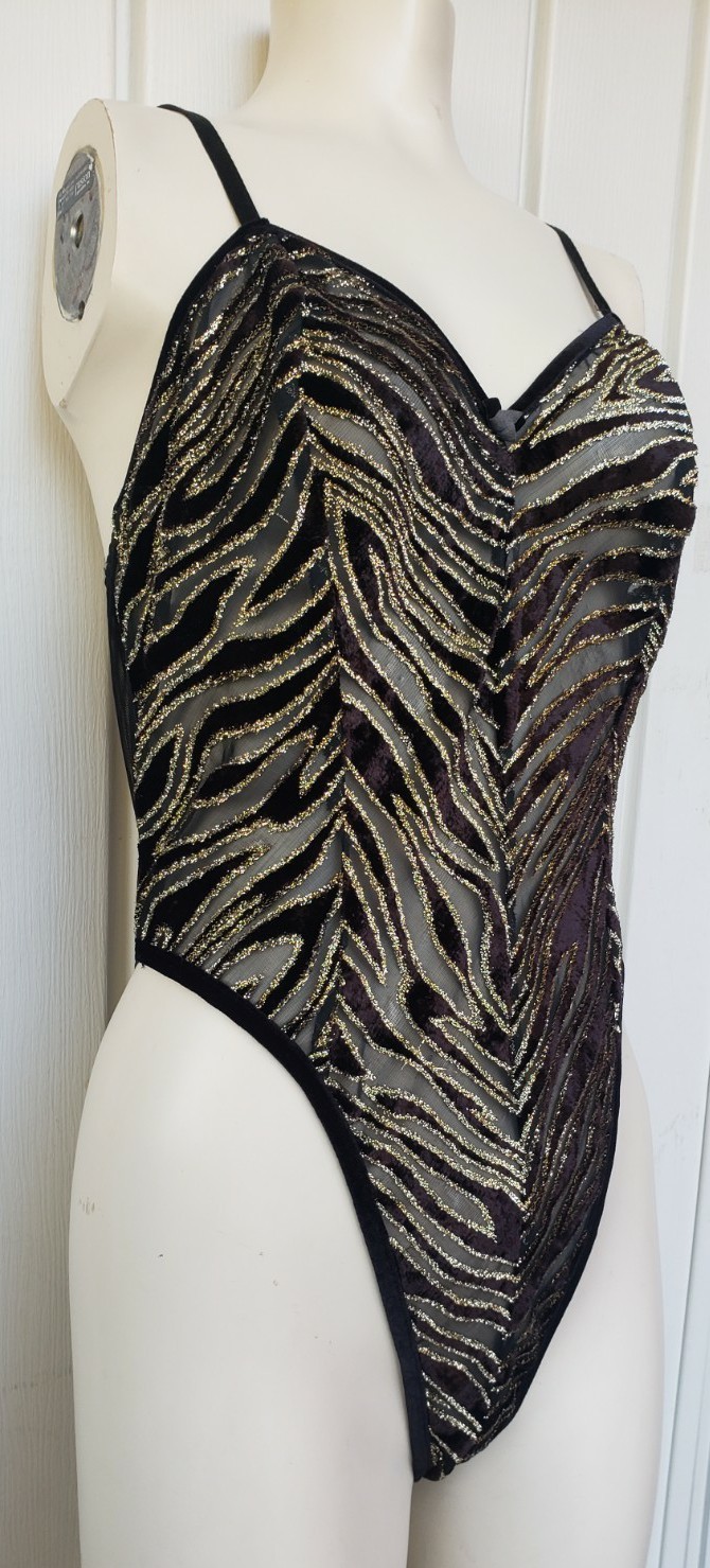 Vintage MAIDENFORM Velvet Silver Metallic Mesh Teddy Playsuit Size Medium Black