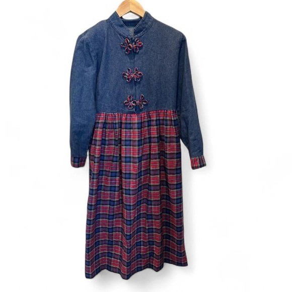 Vintage Alexandra Lee Denim & Plaid Prairie Dress Cottagecore Midi USA Size 6