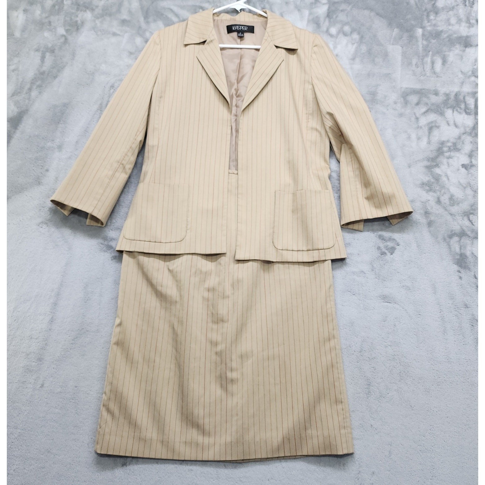 Vintage Kasper Skirt Suit Size 6 Tan Striped 3/4 Sleeve Open Front Blazer Pencil