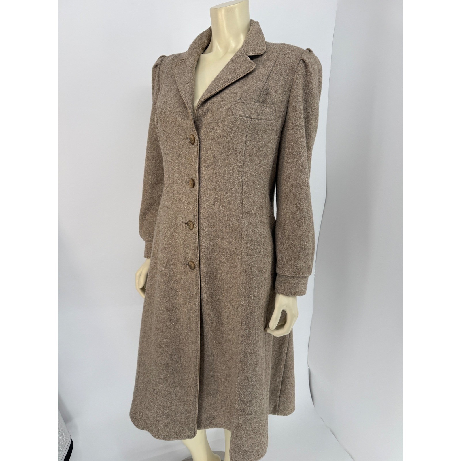 Vintage 1970s ILGWU Wool Princess Coat Taupe Midi Union Made USA Womens M