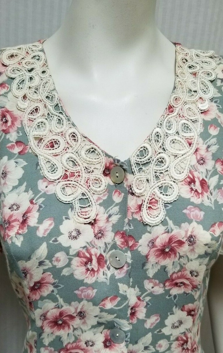 Vintage CDC Seafoam Green Floral Rayon Button Front Cottagecore DRESS – Size S