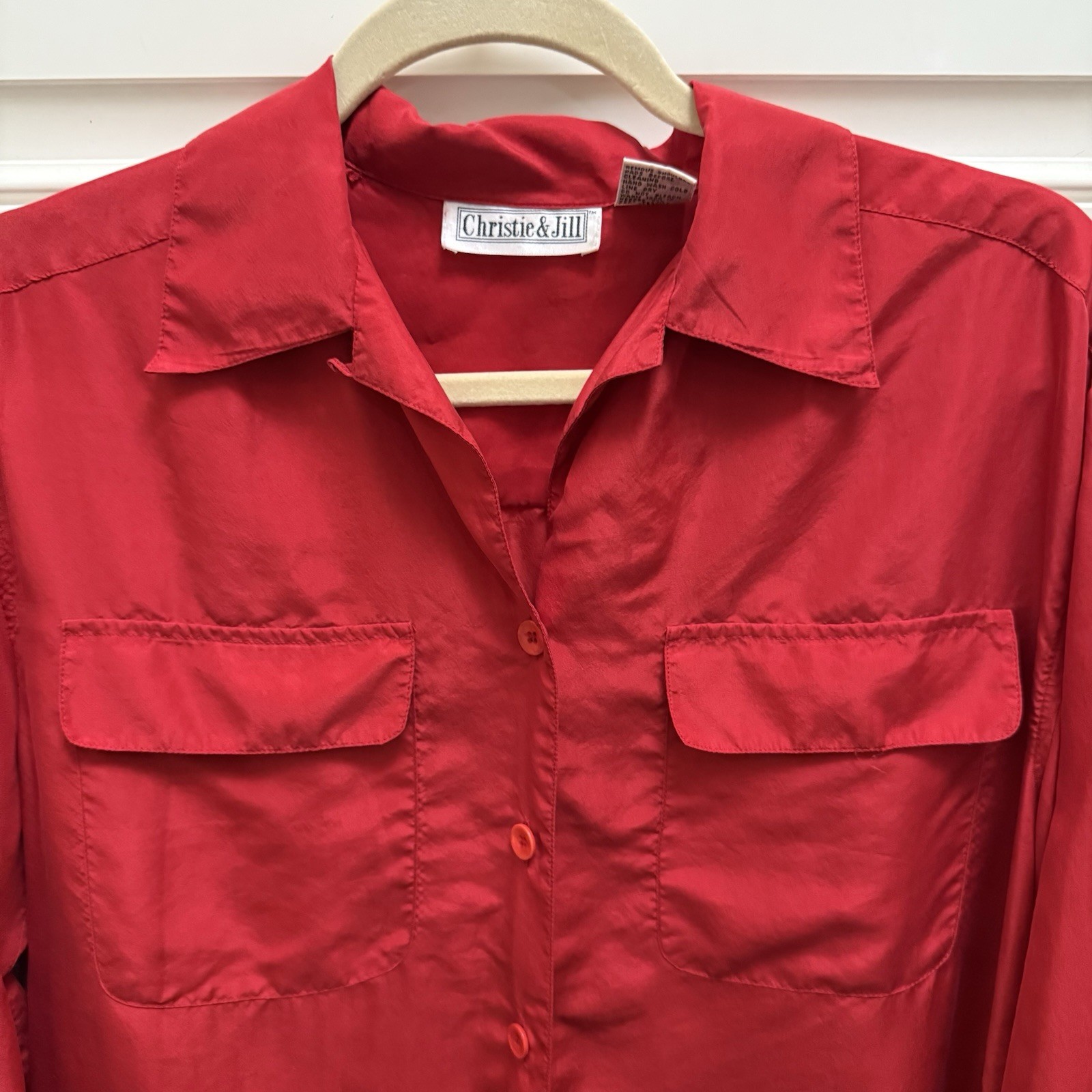 Vintage Christie & Jill Red 100% Silk Button Down Blouse 80’s/90’s Size XS -Read