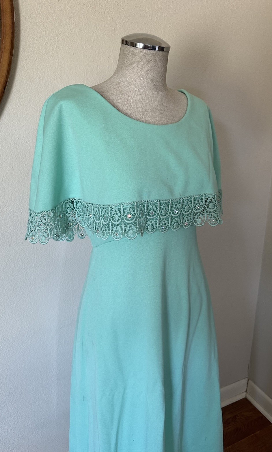 Vintage 70s Miss Rubette Formal Mint Green Max Dress Lace Woman’s S/M