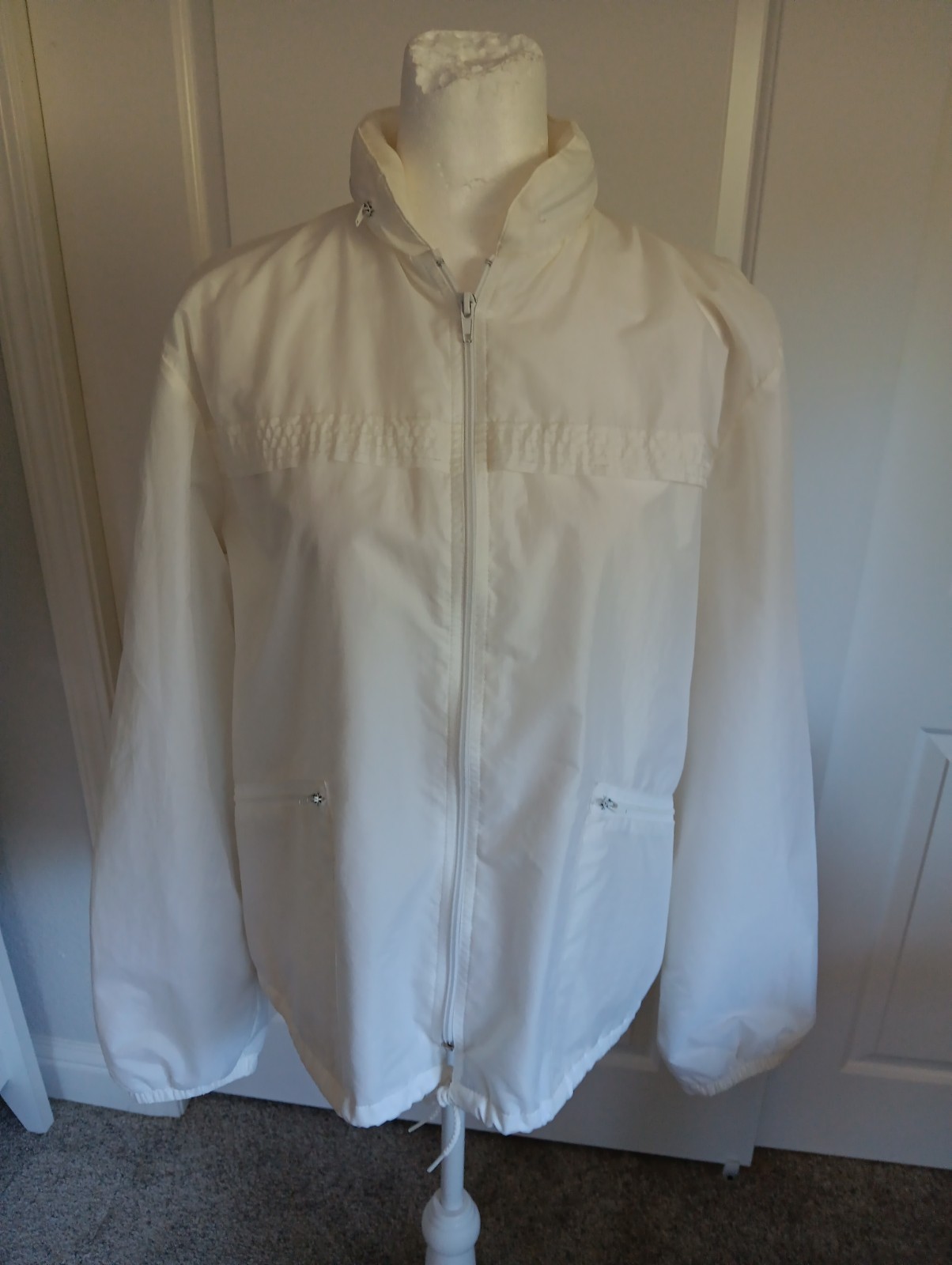 Aqua Sheen Vintage White Windbreaker Jacket WITH HOOD Womens M