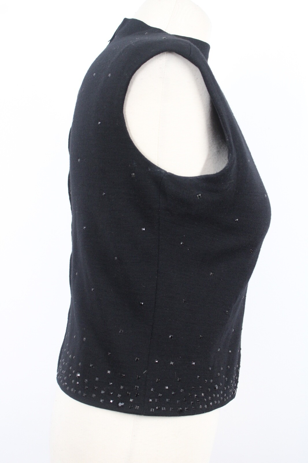 Vtg Unbranded Black 9 Wool Zip-Back Stud Rhinestone Tank Top Shirt NYNCO Metal