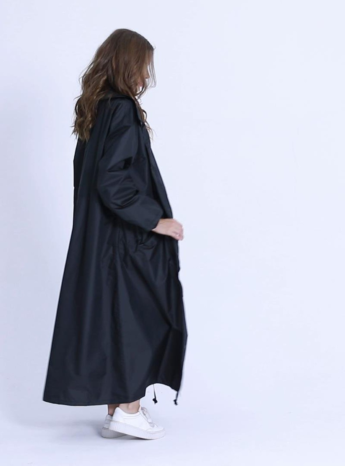 Freesmily Women’s Stylish Long Raincoat with Hood and Multi Color Pattern Black