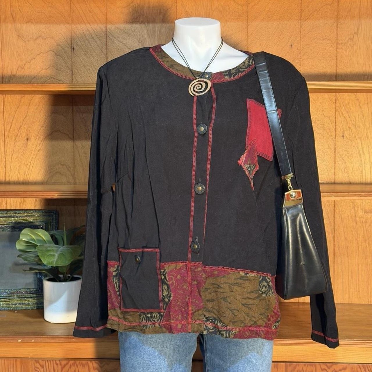 Vintage 90’s C.M. Shapes Patchwork Boho Jacket Top Women’s Artsy Button Front
