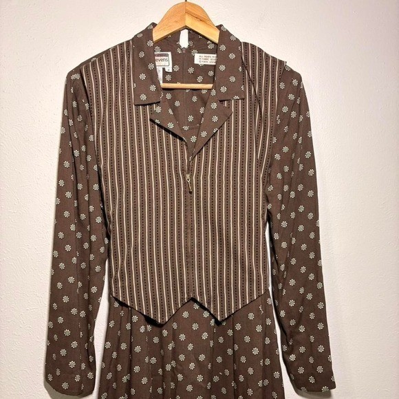 Vtg 70s Vest Floral Chocolate Brown Tie Back Librarian Maxi Collared Dress Sz 8
