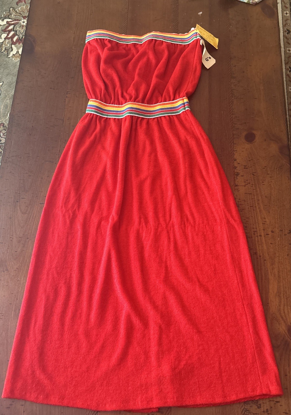 Vintage Red Terry cloth Dress Sundress Yellow Trim Size Large NOS 1970’s Runs Sm