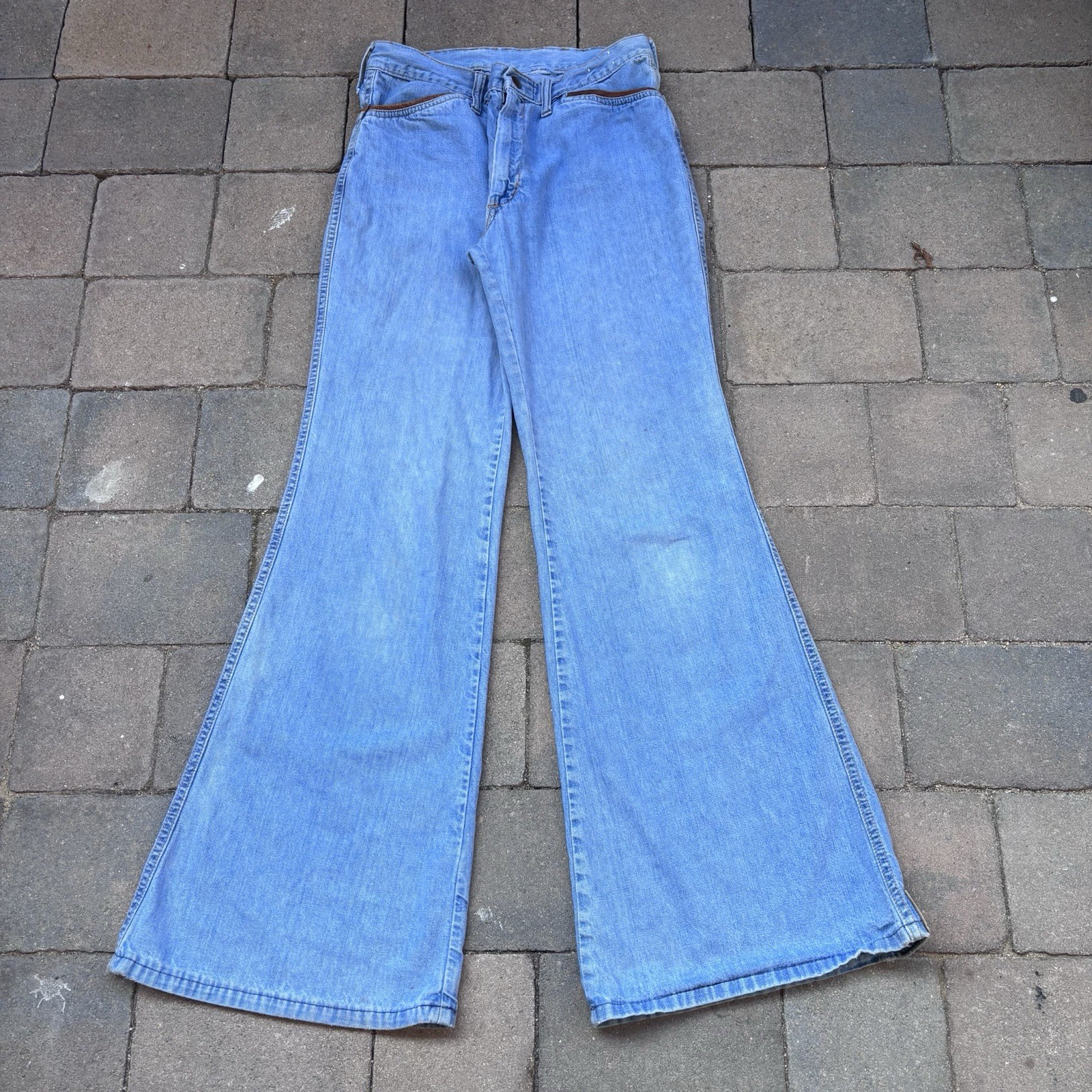 Vintage Male Womens Denim Jeans Flare Bell Bottom Blue Pants 29×31 Leather 60s