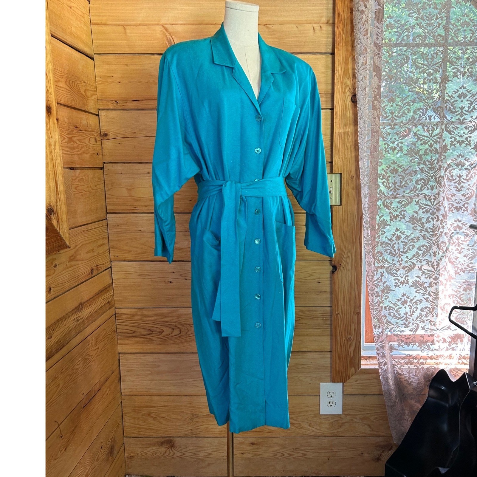 Vintage Silk Shirt Dress Women Size 14 Turquoise Teal Blue Midi Michel Laurent