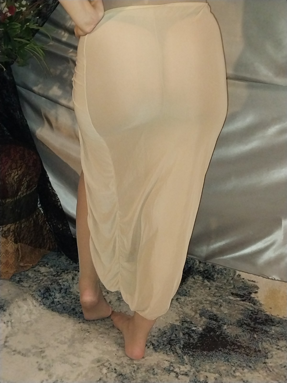 VTG SILKY NYLON TAN IVORY TRANSPARENT SHEER MESH SLIT RUCHED SKIRT L SPANDEX