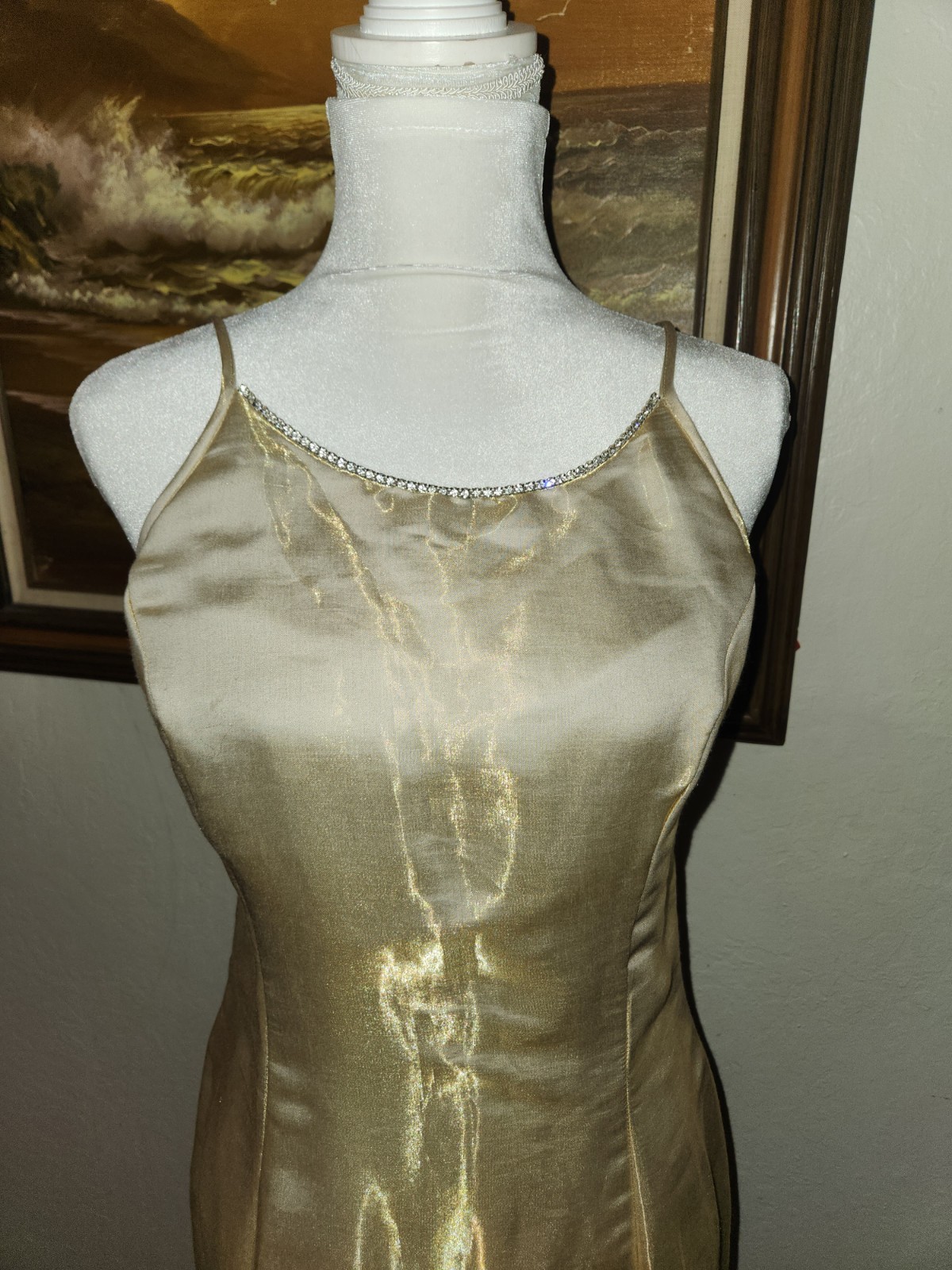 Vintage 1990s Scott McClintock Shimmery Gold Maxi Prom Dress Size 10 Rhinestone