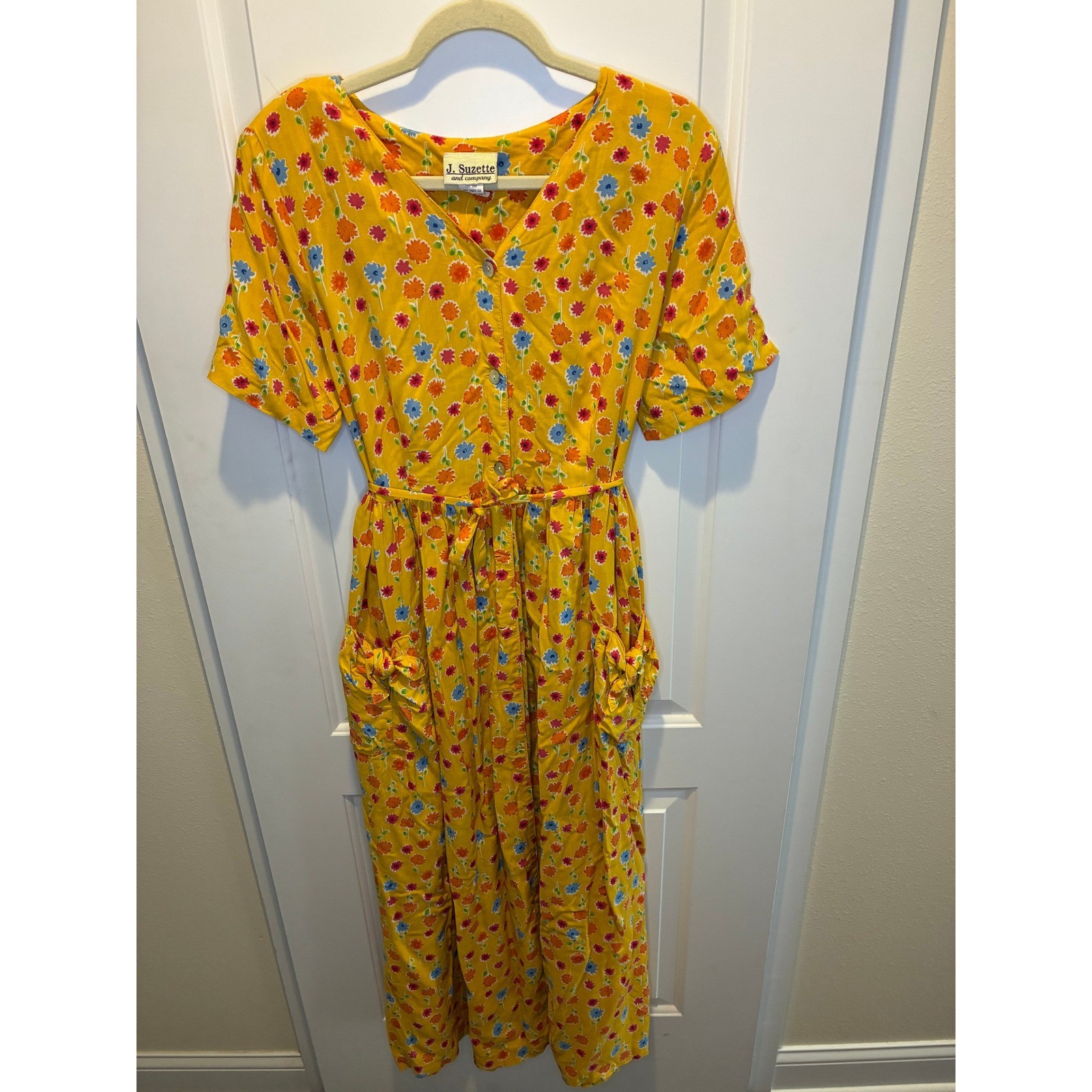 Vintage J. Suzette & Company Yellow with colorful flowers dress Size S-M